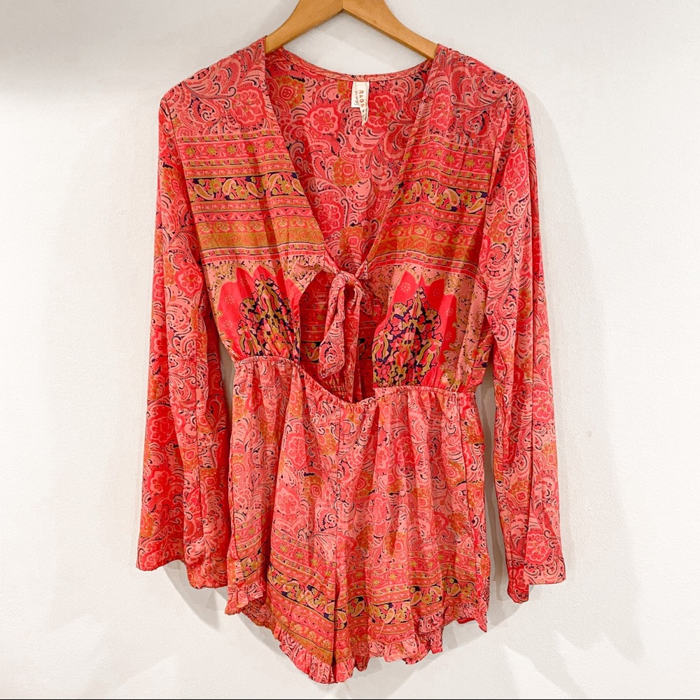 RAGA Boho Printed Tie Front Romper Nidhi Pink Paisley Medium